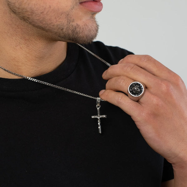 Crucifix X Lion Ring Set (Silver)